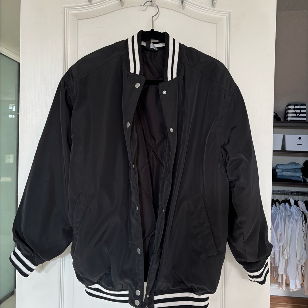 H&M Black and White Bomber Jacket with Classic Varsity Style